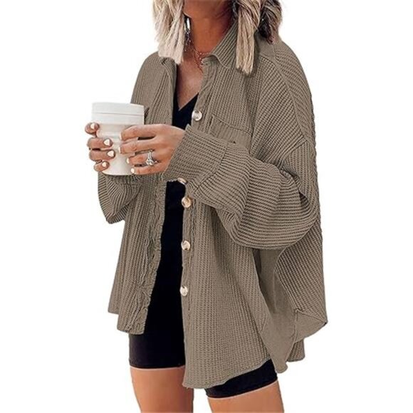 Women's Oversized Shacket – Waffle Knit Button-Down Shirt, Fall  Fashion - Picture 6 of 7